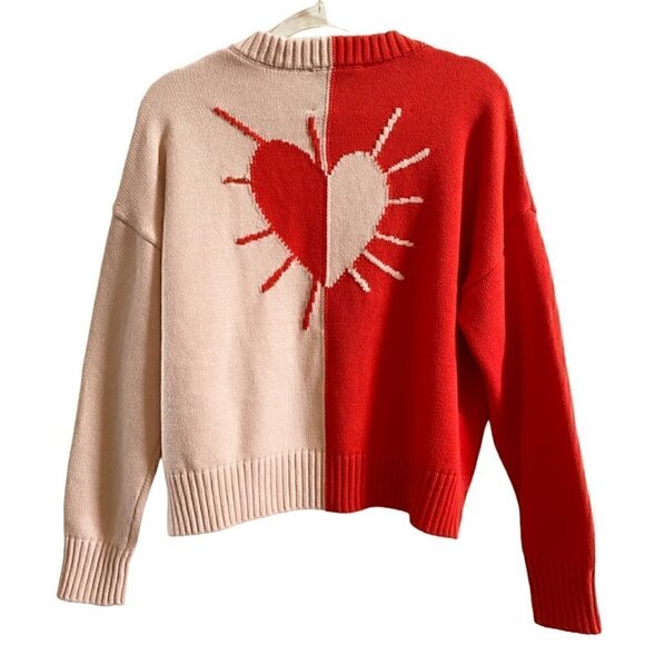 XO Kerri Rosenthal Heart Color Block V-Neck Sweater Sz M Radiant red pink blush - Picture 1 of 11